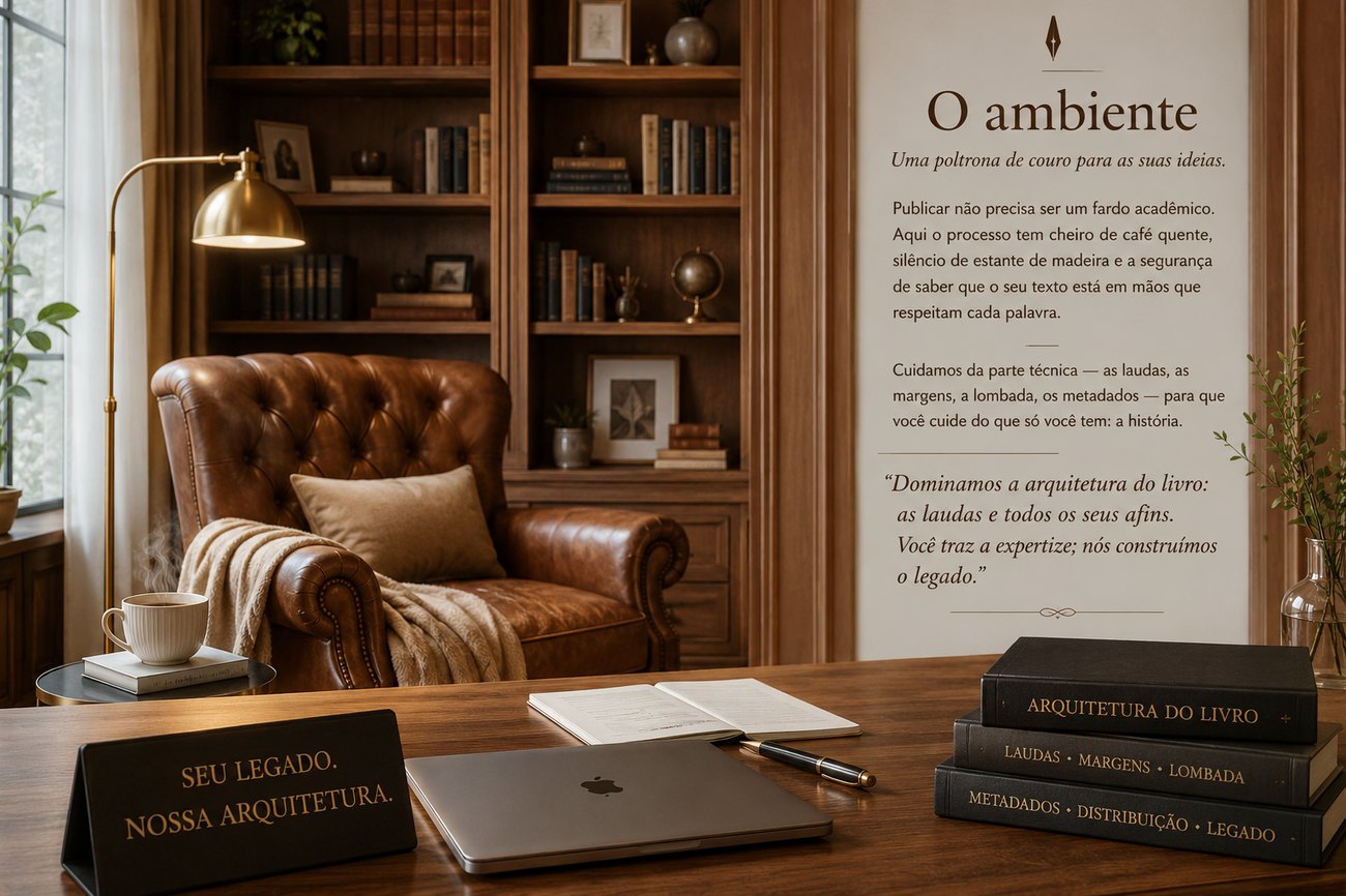 O ambiente da Laudas & Afins: poltrona de couro, estantes de madeira, café e livros — uma poltrona de couro para as suas ideias